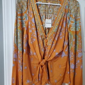 NWT Free People gold long sleeve v neck button front blouse, small